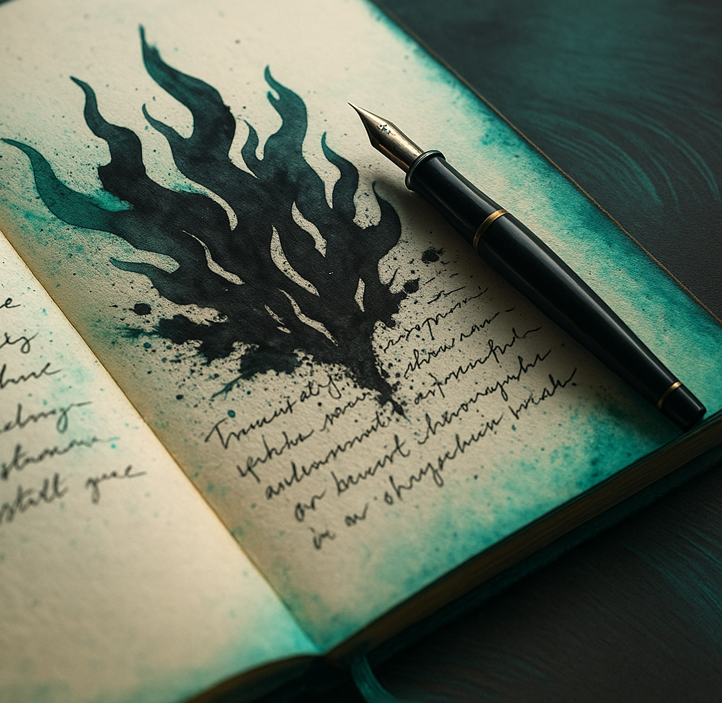 An open journal with handwritten notes, an inked flame, and a fountain pen.