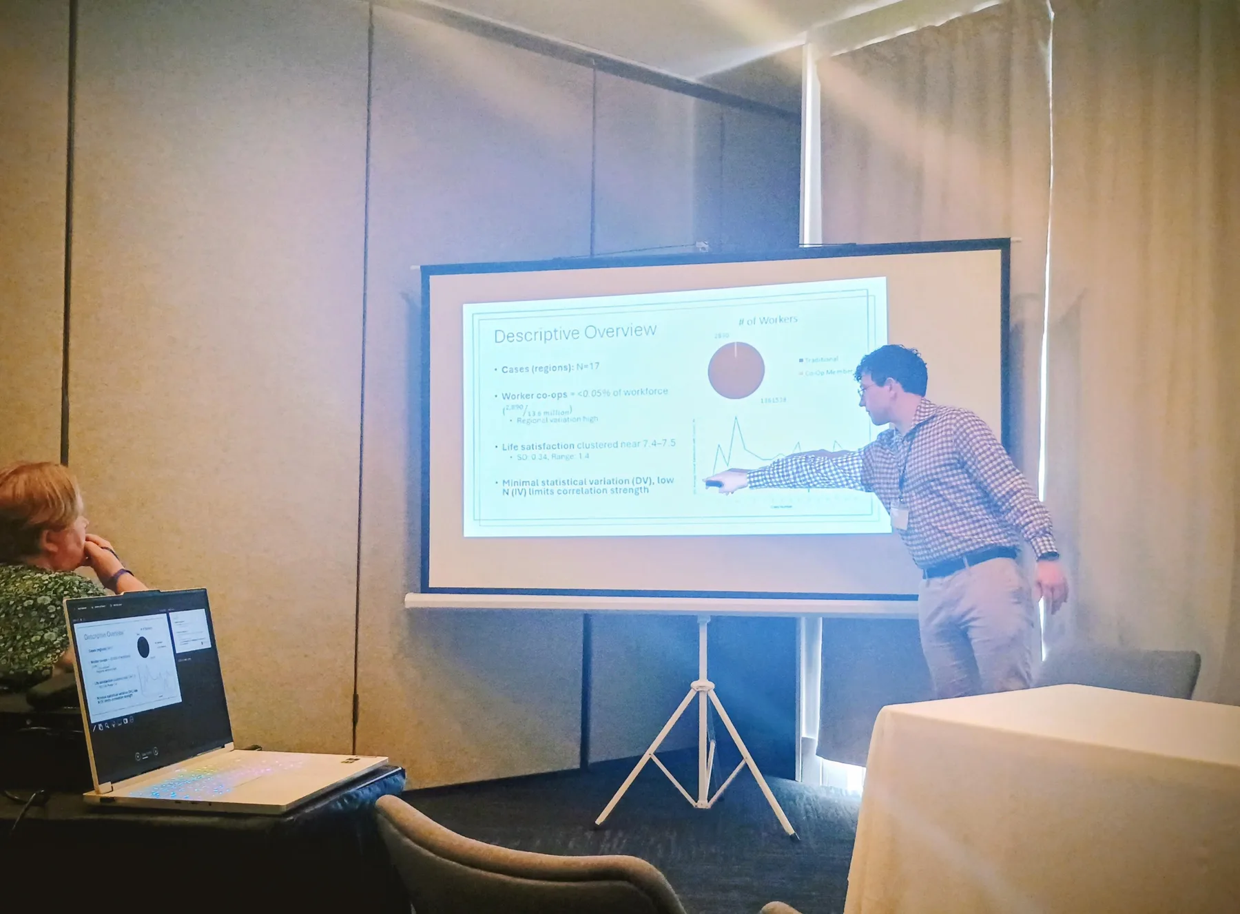Drew presenting research and pointing toward a projected slide.